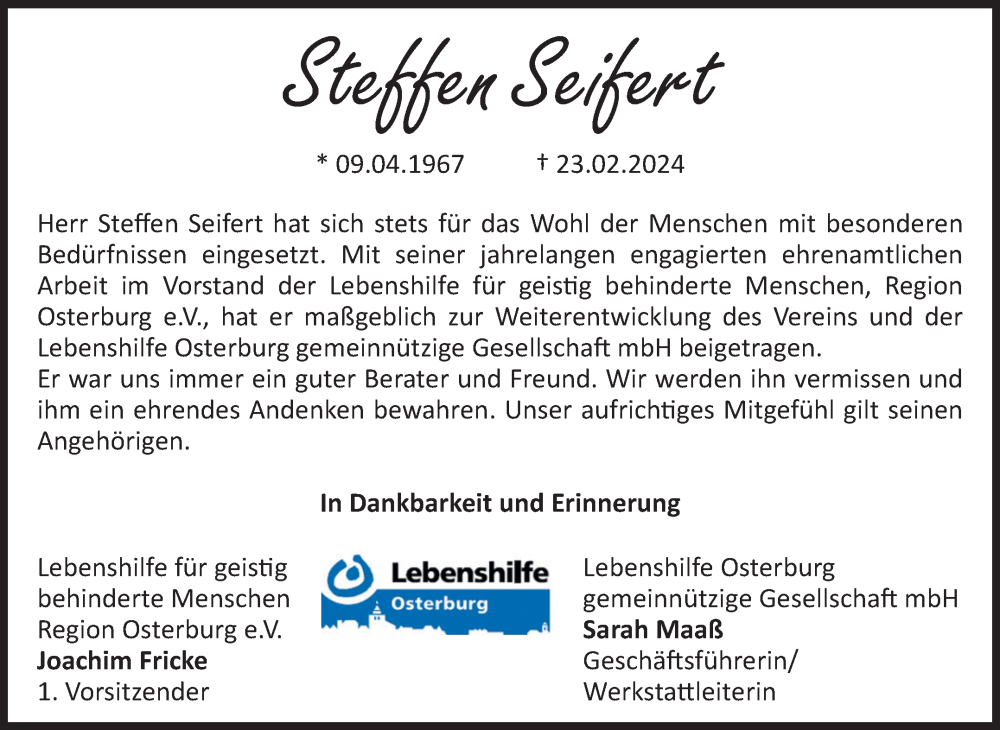  Traueranzeige für Steffen Seifert vom 09.03.2024 aus Volksstimme Altmark Ost