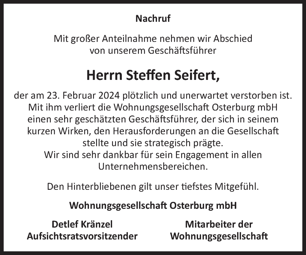  Traueranzeige für Steffen Seifert vom 09.03.2024 aus Volksstimme Altmark Ost