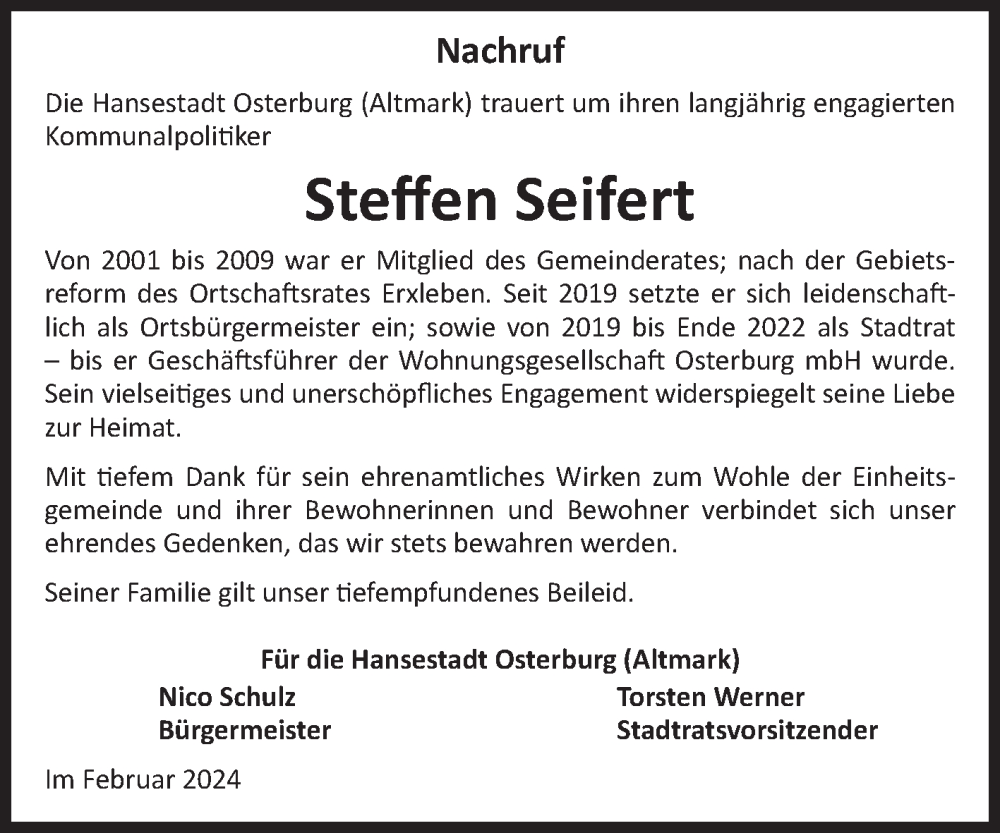  Traueranzeige für Steffen Seifert vom 07.03.2024 aus Volksstimme Altmark Ost