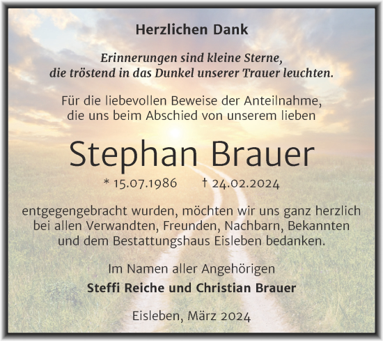 Traueranzeige von Stephan Brauer von Trauerkombi Mansfelder Land