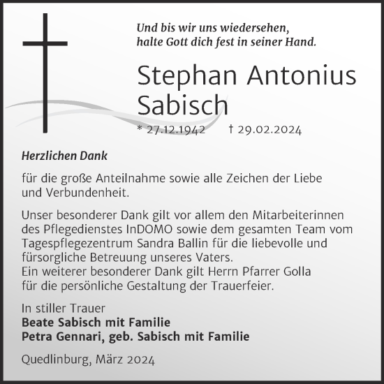 Traueranzeige von Stephan Antonius Sabisch von Trauerkombi Quedlinburg