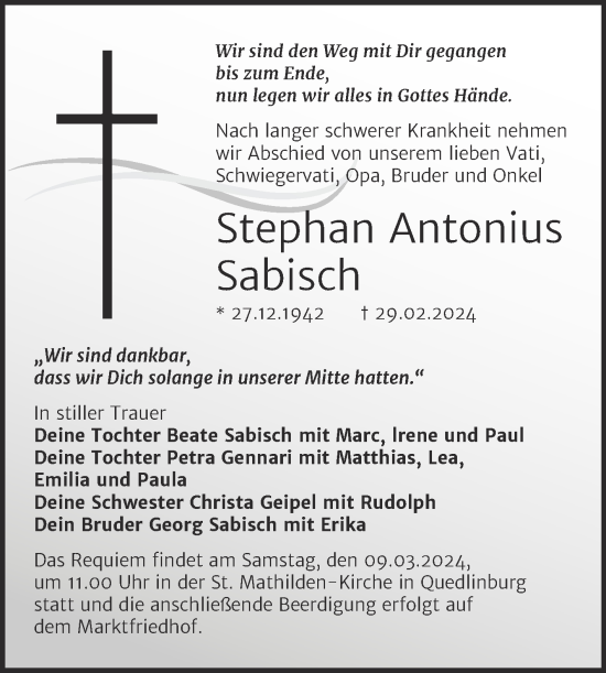 Traueranzeige von Stephan Antonius Sabisch von Mitteldeutsche Zeitung Quedlingburg