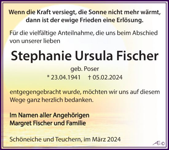 Traueranzeige von Stephanie Fischer von Trauerkombi Weißenfels