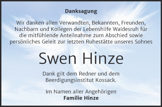 Traueranzeige von Swen Hinze von Trauerkombi Dessau