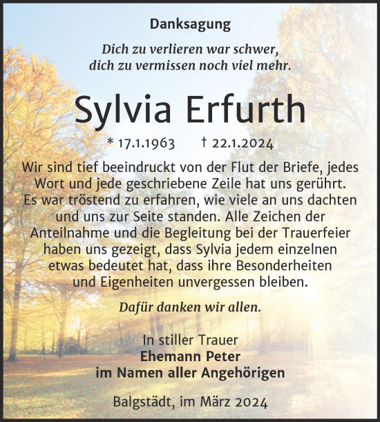 Traueranzeige von Sylvia Erfurth von Super Sonntag Naumburg/Nebra