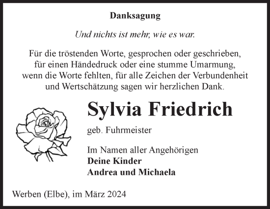 Traueranzeige von Sylvia Friedrich von Volksstimme Altmark Ost