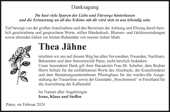 Traueranzeige von Thea Jähne von Volksstimme Burg/Genthin