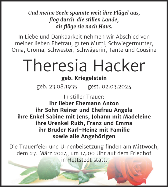 Traueranzeige von Theresia Hacker von Trauerkombi Mansfelder Land