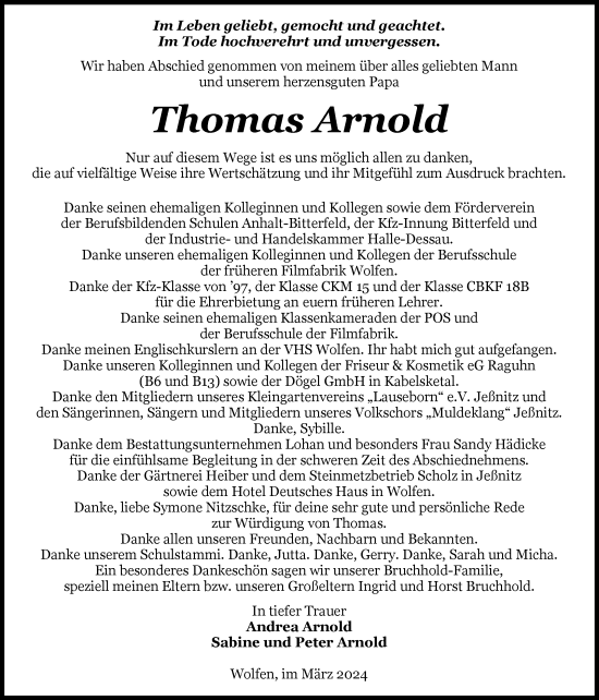 Traueranzeige von Thomas Arnold von Trauerkombi Bitterfeld