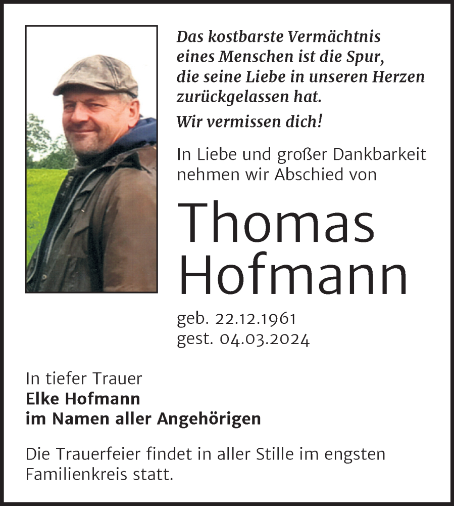  Traueranzeige für Thomas Hofmann vom 16.03.2024 aus Trauerkombi Sangerhausen