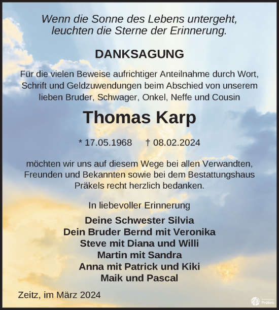 Traueranzeige von Thomas Karp von Trauerkombi Zeitz