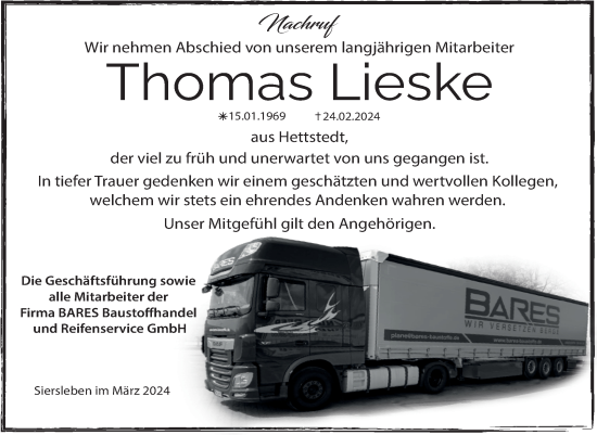 Traueranzeige von Thomas Lieske von Mitteldeutsche Zeitung Mansfelder Land