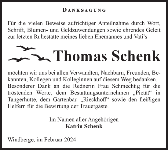 Traueranzeige von Thomas Schenk von Volksstimme Altmark Ost