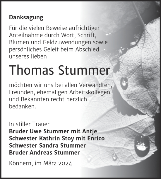 Traueranzeige von Thomas Stummer von Trauerkombi Bernburg