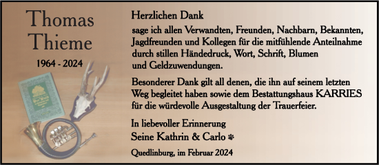 Traueranzeige von Thomas Thieme von Trauerkombi Quedlinburg