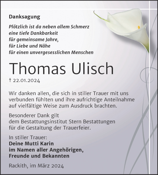 Traueranzeige von Thomas Ulisch von Trauerkombi Wittenberg