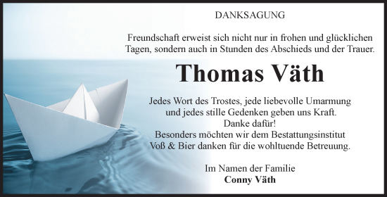 Traueranzeige von Thomas Väth von Volksstimme Wernigerode