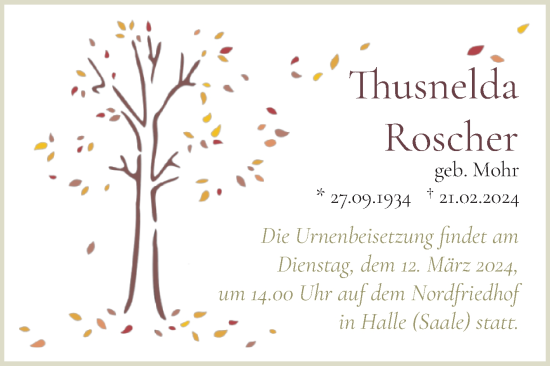 Traueranzeige von Thusnelda Roscher von Mitteldeutsche Zeitung Halle/Saalkreis
