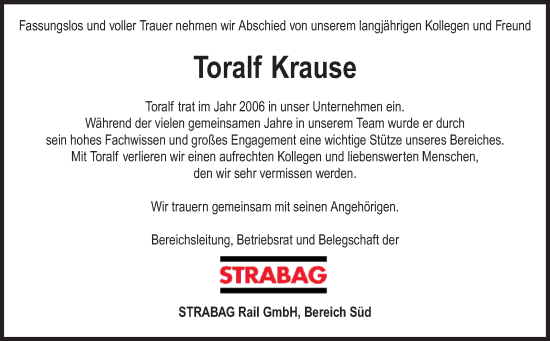 Traueranzeige von Toralf Krause von Volksstimme Burg/Genthin