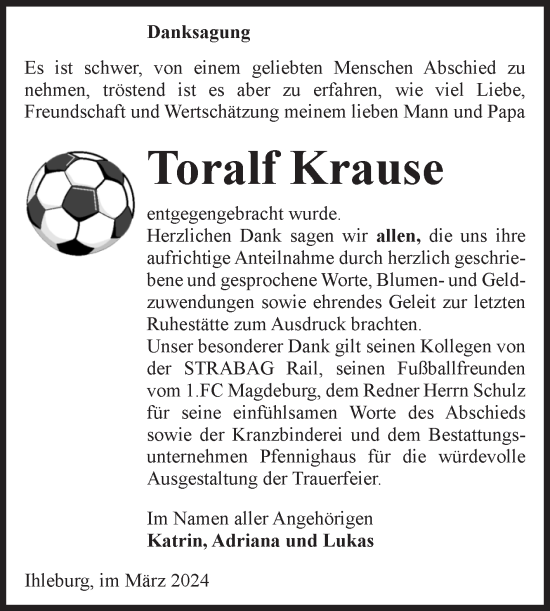 Traueranzeige von Toralf Krause von Volksstimme Burg/Genthin