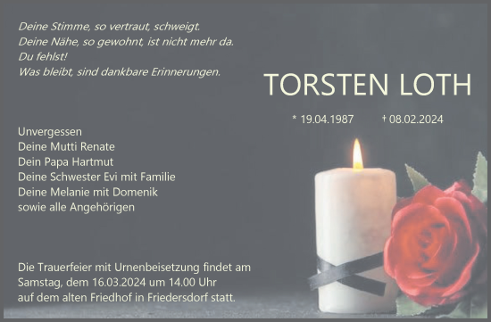 Traueranzeige von Torsten Loth von Trauerkombi Bitterfeld