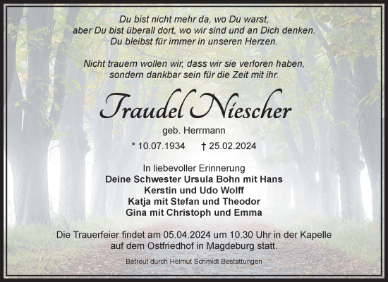 Traueranzeige von Traudel Niescher von Volksstimme Magdeburg
