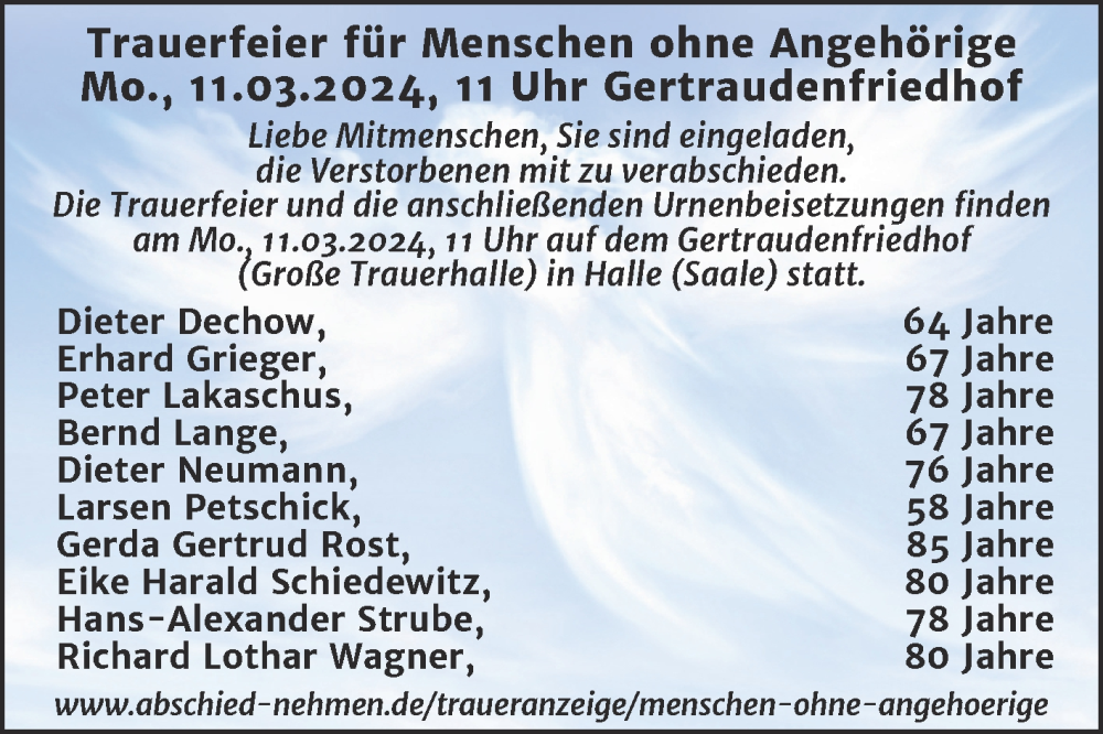  Traueranzeige für Menschen ohne Angehörige  vom 09.03.2024 aus Mitteldeutsche Zeitung Halle/Saalkreis