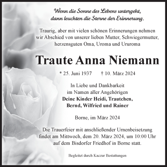 Traueranzeige von Traute Anna Niemann von Volksstimme Staßfurt