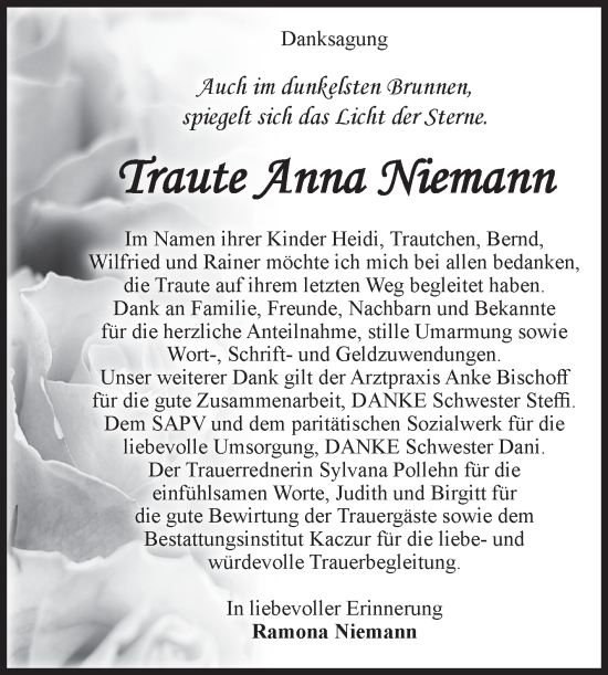 Traueranzeige von Traute Anna Niemann von Volksstimme Staßfurt