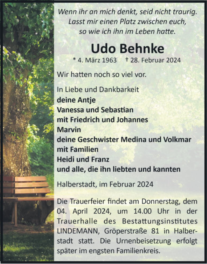  Traueranzeige für Udo Behnke vom 09.03.2024 aus Volksstimme Halberstadt
