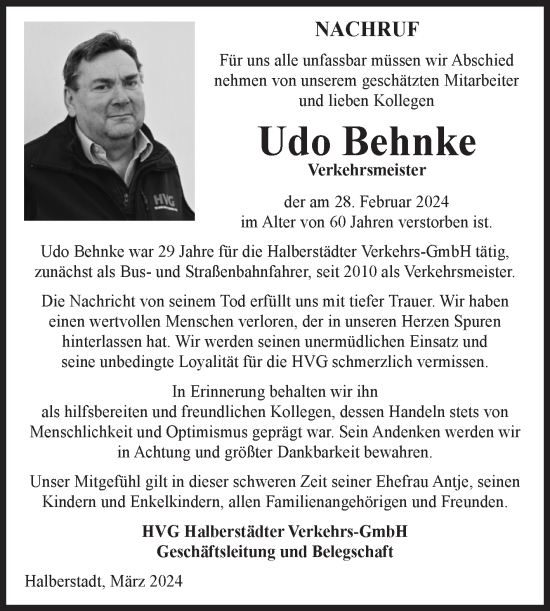 Traueranzeige von Udo Behnke von Volksstimme Halberstadt