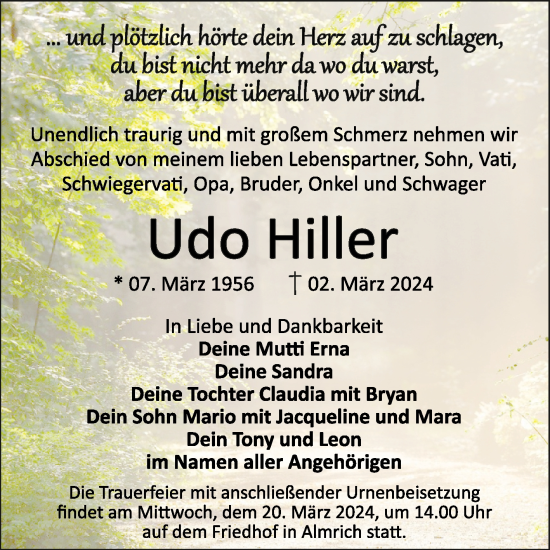 Traueranzeige von Udo Hiller von Naumburger Tageblatt