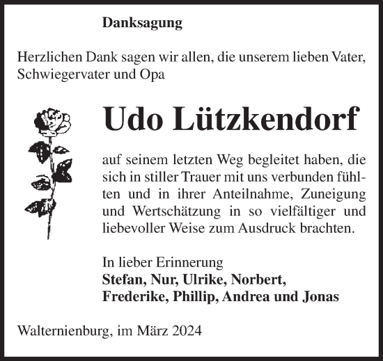 Traueranzeige von Udo Lützkendorf von Volksstimme Zerbst