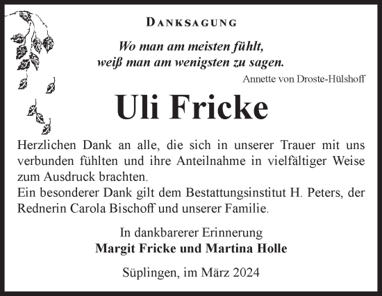 Traueranzeige von Uli Fricke von Volksstimme Haldensleben/Wolmirstedt