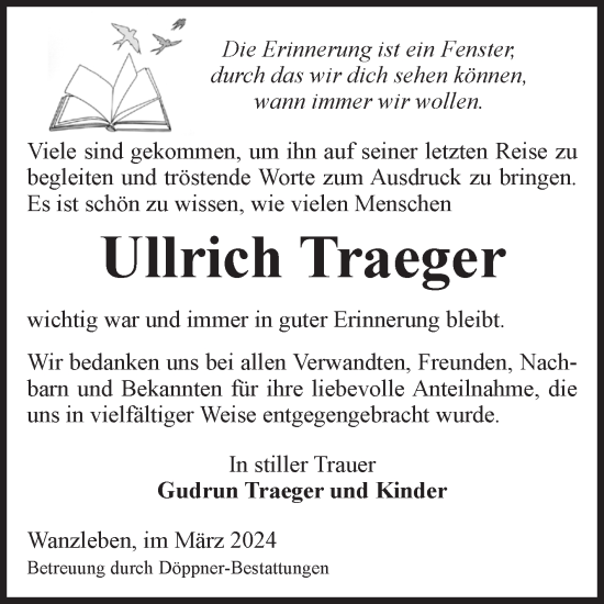 Traueranzeige von Ullrich Traeger von Volksstimme Oschersleben/Wanzleben