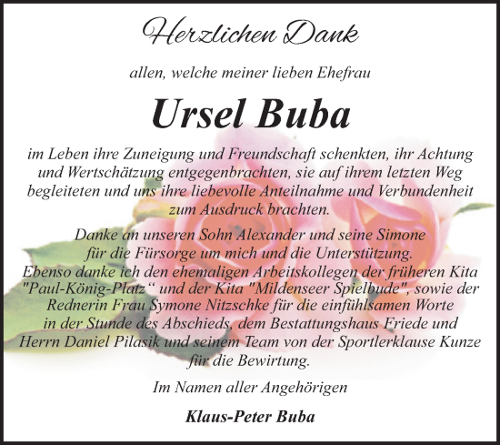 Traueranzeige von Ursel Buba von Trauerkombi Dessau