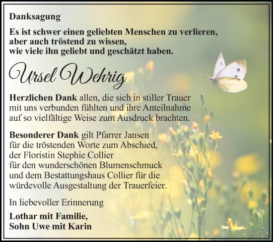 Traueranzeige von Ursel Wehrig von Trauerkombi Dessau