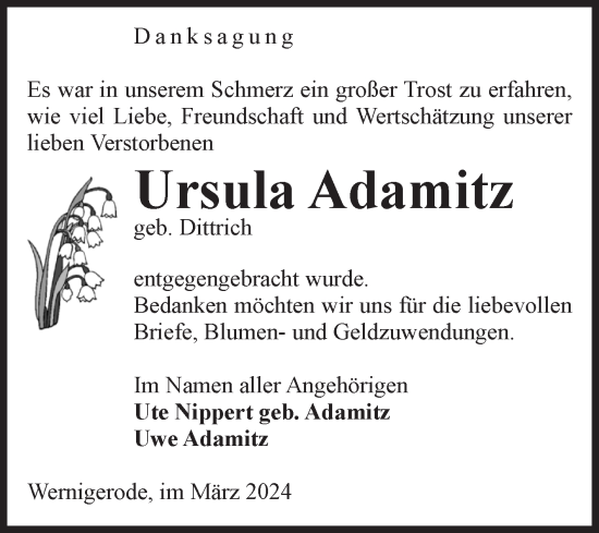 Traueranzeige von Ursula Adamitz von Volksstimme Wernigerode
