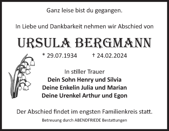 Traueranzeige von Ursula Bergmann von Volksstimme Magdeburg