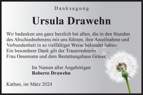 Traueranzeige von Ursula Drawehn von Volksstimme Altmark Ost