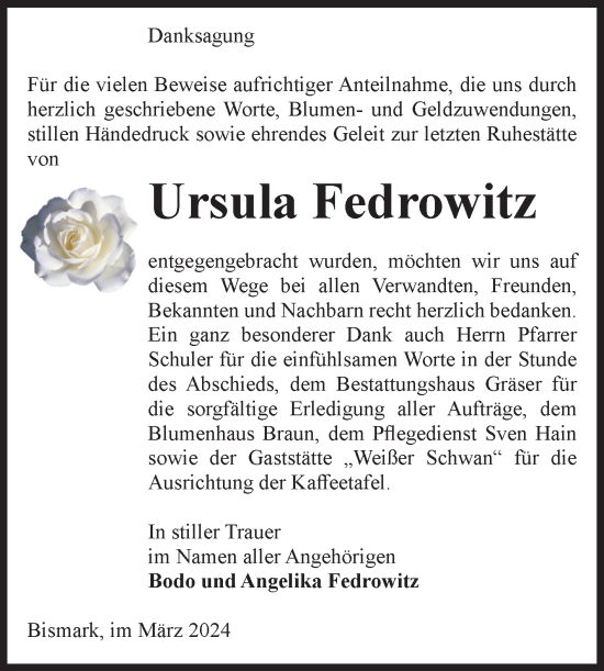 Traueranzeige von Ursula Fedrowitz von Volksstimme Altmark Ost