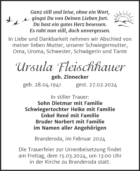 Traueranzeige von Ursula Fleischhauer von Trauerkombi Merseburg