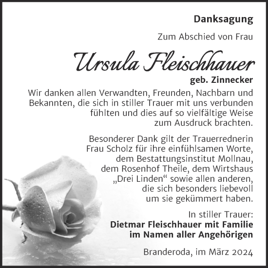 Traueranzeige von Ursula Fleischhauer von Trauerkombi Merseburg