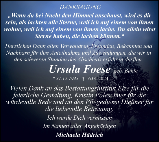 Traueranzeige von Ursula Foese von Trauerkombi Dessau