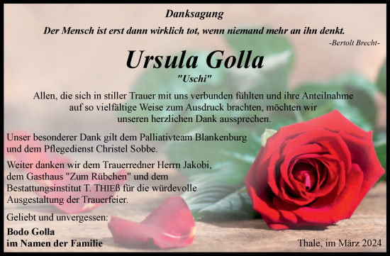 Traueranzeige von Ursula Golla von Trauerkombi Quedlinburg