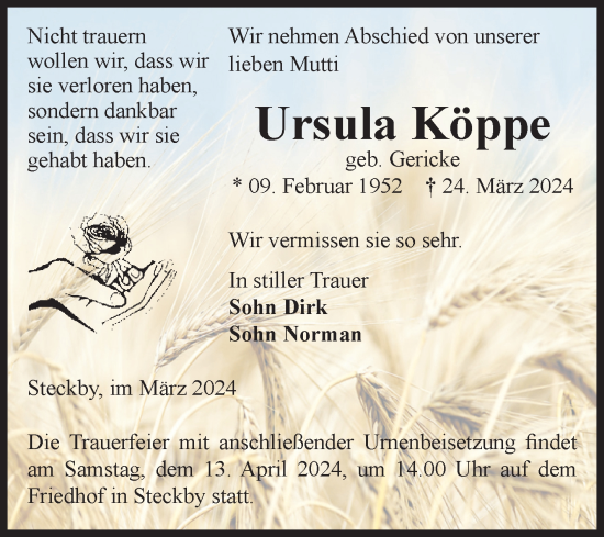 Traueranzeige von Ursula Köppe von Volksstimme Zerbst