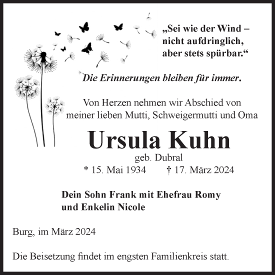 Traueranzeige von Ursula Kuhn von Volksstimme Burg/Genthin