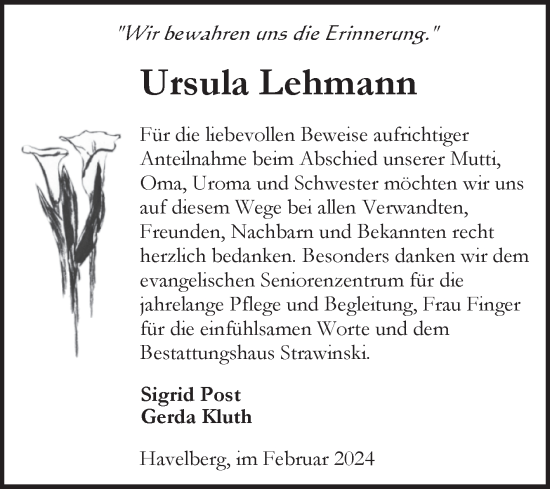Traueranzeige von Ursula Lehmann von Volksstimme Altmark Ost