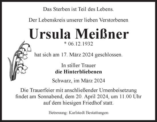 Traueranzeige von Ursula Meißner von Volksstimme Schönebeck