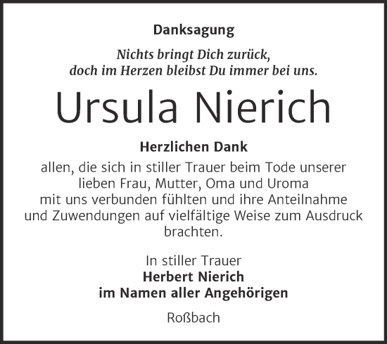 Traueranzeige von Ursula Nierich von Super Sonntag Naumburg/Nebra